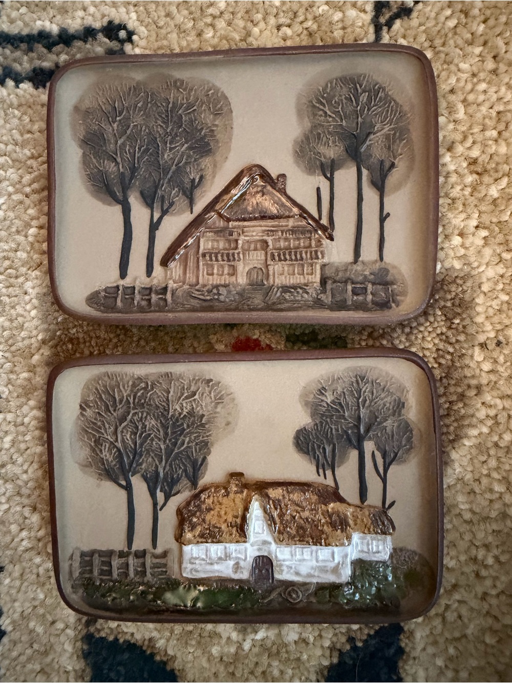 (2) Handcrafted German Cottage Relief Plaques